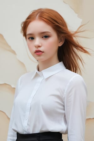 A dark, gritty, realistic sketch of a goth girl, reminiscent of Studio Ghibli's whimsical style. On watercolor paper, bold lines and loose strokes mingle to create a sense of dynamic movement. Natural light casts an ethereal glow on the subject's porcelain skin, inviting touch.

The young, beautiful girl stands with her shoulders slumped, wearing a plain white shirt with a high collar and a black pleated skirt. Her ginger hair falls in soft waves down her back, framing her angelic face. Her blush-stained cheeks betray embarrassment, exhaustion, or perhaps both.

Sharp focus captures the intricate details of her delicate features: plump lips, defined brows, and large, shining eyes that seem to hold a deep kindness. The overall effect is one of tender innocence, making it impossible not to be captivated by this lovely, pure, and adorable young woman.