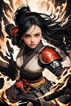 physically-based rendering, portrait, ultra-fine painting, extreme detail description, Akira Kurosawa's movie-style poster features a full-body shot of a 18-year-old European-Japanese girl, embodying the Shinobi of Japan's Warring States Period, An enigmatic female kunoichi, clad in ninja armor , This striking depiction, seemingly bursting with unspoken power, illustrates a fierce and formidable female warrior in the midst of battle. The image, likely a detailed painting, showcases the intensity of the female ninja's gaze and the intricate craftsmanship of his armor. Each intricately depicted detail mesmerizes the viewer, immersing them in the extraordinary skill and artistry captured in this remarkable 