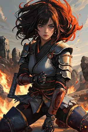 physically-based rendering, portrait, ultra-fine painting, extreme detail description, Akira Kurosawa's movie-style poster features a full-body shot of a 18-year-old European-Japanese girl, embodying the Shinobi of Japan's Warring States Period, An enigmatic female kunoichi, clad in ninja armor , This striking depiction, seemingly bursting with unspoken power, illustrates a fierce and formidable female warrior in the midst of battle. The image, likely a detailed painting, showcases the intensity of the female ninja's gaze and the intricate craftsmanship of his armor. Each intricately depicted detail mesmerizes the viewer, immersing them in the extraordinary skill and artistry captured in this remarkable 