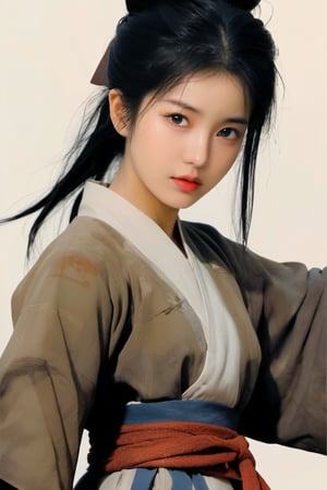 physically-based rendering, portrait, ultra-fine painting, extreme detail description, Akira Kurosawa's movie-style poster features a full-body shot of a 18-year-old European-Japanese girl, embodying the Shinobi of Japan's Warring States Period, An enigmatic female kunoichi, clad in ninja armor , This striking depiction, seemingly bursting with unspoken power, illustrates a fierce and formidable female warrior in the midst of battle. The image, likely a detailed painting, showcases the intensity of the female ninja's gaze and the intricate craftsmanship of his armor. Each intricately depicted detail mesmerizes the viewer, immersing them in the extraordinary skill and artistry captured in this remarkable,Ancient costume