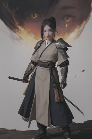 physically-based rendering, portrait, ultra-fine painting, extreme detail description, Akira Kurosawa's movie-style poster features a full-body shot of a 18-year-old European-Japanese girl, embodying the Shinobi of Japan's Warring States Period, An enigmatic female kunoichi, clad in ninja armor , This striking depiction, seemingly bursting with unspoken power, illustrates a fierce and formidable female warrior in the midst of battle. The image, likely a detailed painting, showcases the intensity of the female ninja's gaze and the intricate craftsmanship of his armor. Each intricately depicted detail mesmerizes the viewer, immersing them in the extraordinary skill and artistry captured in this remarkable 