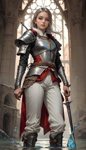 1girl, 8k, intricate, elegant, highly detailed, majestic, digital photography, broken glass, (masterpiece, sidelighting, finely detailed beautiful eyes: 1.2), hdr, full_body, magic wand, water binder, fantasy girl, mage, witcher, seductive_pose,yoimiyadef,medieval armor