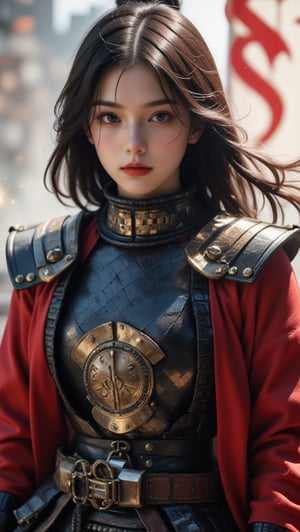 physically-based rendering, portrait, ultra-fine painting, extreme detail description, Akira Kurosawa's movie-style poster features a full-body shot of a super cute 18-year-old European-Japanese girl, embodying the Shinobi of Japan's Warring States Period, An enigmatic female kunoichi, clad in ninja armor , This striking depiction, seemingly bursting with unspoken power, illustrates a fierce and formidable female warrior in the midst of battle. The image, likely a detailed painting, showcases the intensity of the female ninja's gaze and the intricate craftsmanship of his armor. Each intricately depicted detail mesmerizes the viewer, immersing them in the extraordinary skill and artistry captured in this remarkable 