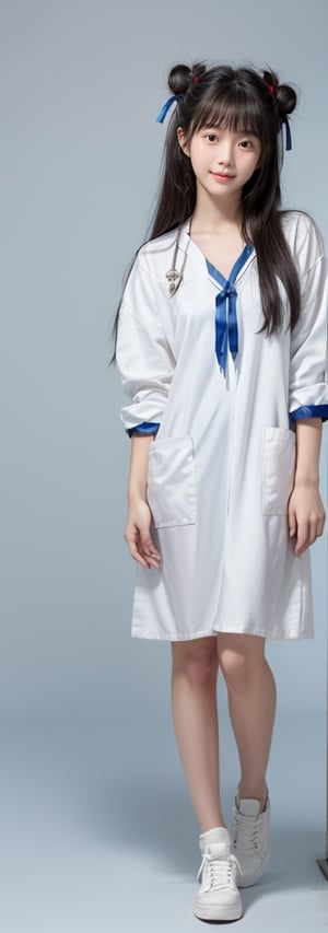 1girl,solo, full body, long hair, glasses, ((white lab gown)), looking at viewer, blue background, black hair, standing, simple background, two side up, blue eyes, lips, closed mouth, red ribbon, hair ribbon, bangs, sneakers, parted bangs, buns, nose, Haerin_NJ