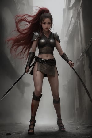 physically-based rendering, portrait, ultra-fine painting, extreme detail description, Akira Kurosawa's movie-style poster features a full-body shot of a 18-year-old European-Japanese girl, embodying the Shinobi of Japan's Warring States Period, An enigmatic female kunoichi, clad in ninja armor , This striking depiction, seemingly bursting with unspoken power, illustrates a fierce and formidable female warrior in the midst of battle. The image, likely a detailed painting, showcases the intensity of the female ninja's gaze and the intricate craftsmanship of his armor. Each intricately depicted detail mesmerizes the viewer, immersing them in the extraordinary skill and artistry captured in this remarkable 