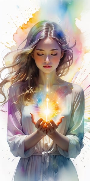 A woman with her hands holding a glowing light in her hands, ethereal, on a white background, with watercolor splatter, an interplay of pastel hues and rainbow colors, with a double exposure effect, golden rays emanating from the center, a soft glow, a mysterious aura, ethereally beautiful, with soft edges, delicate details, a celestial energy radiance, whimsical, a surreal atmosphere, dreamy, with watercolor splashes in the style of Yoji Shinkawa and colorful pastel tones in the style of Greg Rutkowski, with detailed light effects, dreamy and ethereal, with delicate brushstrokes, high quality, high resolution, high detail