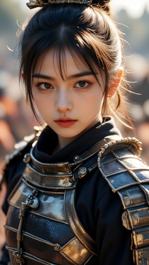 physically-based rendering, portrait, ultra-fine painting, extreme detail description, Akira Kurosawa's movie-style poster features a full-body shot of a super cute 18-year-old European-Japanese girl, embodying the Shinobi of Japan's Warring States Period, An enigmatic female kunoichi, clad in ninja armor , This striking depiction, seemingly bursting with unspoken power, illustrates a fierce and formidable female warrior in the midst of battle. The image, likely a detailed painting, showcases the intensity of the female ninja's gaze and the intricate craftsmanship of his armor. Each intricately depicted detail mesmerizes the viewer, immersing them in the extraordinary skill and artistry captured in this remarkable 