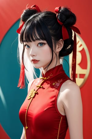 1girl,solo, long hair, red pastel cheongsam dress, looking at viewer, blue background, black hair, simple background, two side up, blue eyes, lips, closed mouth, red ribbon, hair ribbon, bangs, whole body, etire body, parted bangs, buns, nose, Cleavage, cerebrating chinese new year, year of the dragon