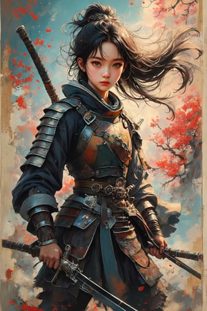 physically-based rendering, portrait, ultra-fine painting, extreme detail description, Akira Kurosawa's movie-style poster features a full-body shot of a super cute 18-year-old European-Japanese girl, embodying the Shinobi of Japan's Warring States Period, An enigmatic female kunoichi, clad in ninja armor , This striking depiction, seemingly bursting with unspoken power, illustrates a fierce and formidable female warrior in the midst of battle. The image, likely a detailed painting, showcases the intensity of the female ninja's gaze and the intricate craftsmanship of his armor. Each intricately depicted detail mesmerizes the viewer, immersing them in the extraordinary skill and artistry captured in this remarkable 