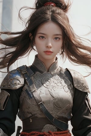 physically-based rendering, portrait, ultra-fine painting, extreme detail description, Akira Kurosawa's movie-style poster features a full-body shot of a super cute 18-year-old European-Japanese girl, embodying the Shinobi of Japan's Warring States Period, An enigmatic female kunoichi, clad in ninja armor , This striking depiction, seemingly bursting with unspoken power, illustrates a fierce and formidable female warrior in the midst of battle. The image, likely a detailed painting, showcases the intensity of the female ninja's gaze and the intricate craftsmanship of his armor. Each intricately depicted detail mesmerizes the viewer, immersing them in the extraordinary skill and artistry captured in this remarkable 