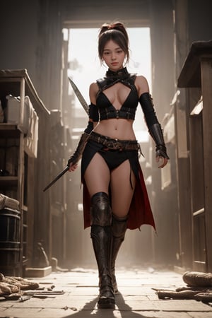 physically-based rendering, portrait, ultra-fine painting, extreme detail description, Akira Kurosawa's movie-style poster features a full-body shot of a super cute 18-year-old European-Japanese girl, embodying the Shinobi of Japan's Warring States Period, An enigmatic female kunoichi, clad in ninja armor , This striking depiction, seemingly bursting with unspoken power, illustrates a fierce and formidable female warrior in the midst of battle. The image, likely a detailed painting, showcases the intensity of the female ninja's gaze and the intricate craftsmanship of his armor. Each intricately depicted detail mesmerizes the viewer, immersing them in the extraordinary skill and artistry captured in this remarkable 