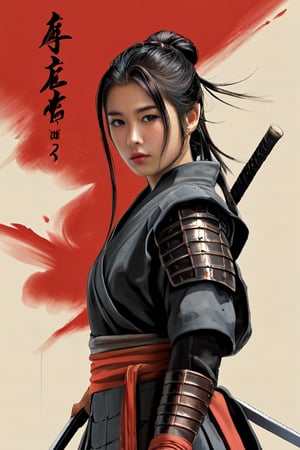 physically-based rendering, portrait, ultra-fine painting, extreme detail description, Akira Kurosawa's movie-style poster features a full-body shot of a 18-year-old European-Japanese girl, embodying the Shinobi of Japan's Warring States Period, An enigmatic female kunoichi, clad in ninja armor , This striking depiction, seemingly bursting with unspoken power, illustrates a fierce and formidable female warrior in the midst of battle. The image, likely a detailed painting, showcases the intensity of the female ninja's gaze and the intricate craftsmanship of his armor. Each intricately depicted detail mesmerizes the viewer, immersing them in the extraordinary skill and artistry captured in this remarkable 