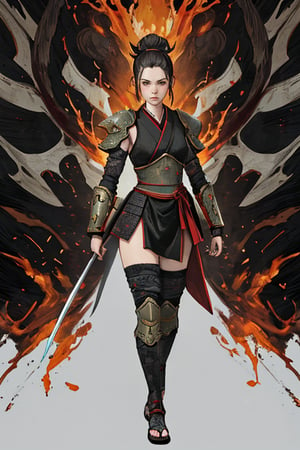 physically-based rendering, portrait, ultra-fine painting, extreme detail description, Akira Kurosawa's movie-style poster features a full-body shot of a 18-year-old European-Japanese girl, embodying the Shinobi of Japan's Warring States Period, An enigmatic female kunoichi, clad in ninja armor , This striking depiction, seemingly bursting with unspoken power, illustrates a fierce and formidable female warrior in the midst of battle. The image, likely a detailed painting, showcases the intensity of the female ninja's gaze and the intricate craftsmanship of his armor. Each intricately depicted detail mesmerizes the viewer, immersing them in the extraordinary skill and artistry captured in this remarkable 