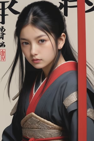 physically-based rendering, portrait, ultra-fine painting, extreme detail description, Akira Kurosawa's movie-style poster features a full-body shot of a 18-year-old European-Japanese girl, embodying the Shinobi of Japan's Warring States Period, An enigmatic female kunoichi, clad in ninja armor , This striking depiction, seemingly bursting with unspoken power, illustrates a fierce and formidable female warrior in the midst of battle. The image, likely a detailed painting, showcases the intensity of the female ninja's gaze and the intricate craftsmanship of his armor. Each intricately depicted detail mesmerizes the viewer, immersing them in the extraordinary skill and artistry captured in this remarkable,Ancient costume