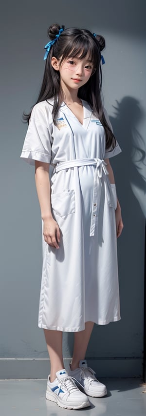 1girl,solo, full body, long hair, glasses, ((white lab gown)), looking at viewer, blue background, black hair, standing, simple background, two side up, blue eyes, lips, closed mouth, red ribbon, hair ribbon, bangs, sneakers, parted bangs, buns, nose, Haerin_NJ