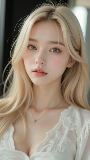 A masterpiece, a beautiful female, pale white skin, 16 years old, japanese features, blond hair