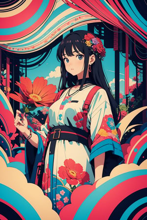 masterpiece, best quality, official art, aesthetic, 1girl, detailed background, isometric, psychedelia art, flower, fractal art