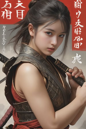 physically-based rendering, portrait, ultra-fine painting, extreme detail description, Akira Kurosawa's movie-style poster features a full-body shot of a 18-year-old European-Japanese girl, embodying the Shinobi of Japan's Warring States Period, An enigmatic female kunoichi, clad in ninja armor , This striking depiction, seemingly bursting with unspoken power, illustrates a fierce and formidable female warrior in the midst of battle. The image, likely a detailed painting, showcases the intensity of the female ninja's gaze and the intricate craftsmanship of his armor. Each intricately depicted detail mesmerizes the viewer, immersing them in the extraordinary skill and artistry captured in this remarkable,Ancient costume