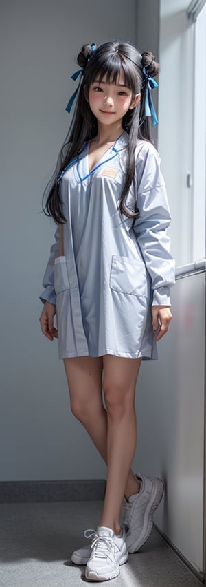 1girl,solo, full body, long hair, glasses, ((white lab gown)), looking at viewer, blue background, black hair, standing, simple background, two side up, blue eyes, lips, closed mouth, red ribbon, hair ribbon, bangs, sneakers, parted bangs, buns, nose, Haerin_NJ