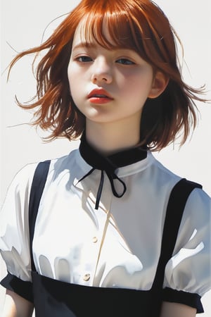 A dark, gritty, realistic sketch of a goth girl, reminiscent of Studio Ghibli's whimsical style. On watercolor paper, bold lines and loose strokes mingle to create a sense of dynamic movement. Natural light casts an ethereal glow on the subject's porcelain skin, inviting touch.

The young, beautiful girl stands with her shoulders slumped, wearing a plain white shirt with a high collar and a black pleated skirt. Her ginger hair falls in soft waves down her back, framing her angelic face. Her blush-stained cheeks betray embarrassment, exhaustion, or perhaps both.

Sharp focus captures the intricate details of her delicate features: plump lips, defined brows, and large, shining eyes that seem to hold a deep kindness. The overall effect is one of tender innocence, making it impossible not to be captivated by this lovely, pure, and adorable young woman.