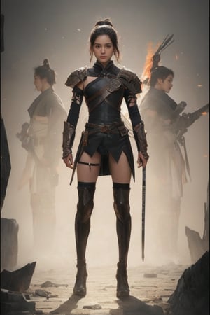 physically-based rendering, portrait, ultra-fine painting, extreme detail description, Akira Kurosawa's movie-style poster features a full-body shot of a super cute 18-year-old European-Japanese girl, embodying the Shinobi of Japan's Warring States Period, An enigmatic female kunoichi, clad in ninja armor , This striking depiction, seemingly bursting with unspoken power, illustrates a fierce and formidable female warrior in the midst of battle. The image, likely a detailed painting, showcases the intensity of the female ninja's gaze and the intricate craftsmanship of his armor. Each intricately depicted detail mesmerizes the viewer, immersing them in the extraordinary skill and artistry captured in this remarkable 