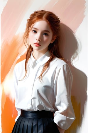 A dark, gritty, realistic sketch of a goth girl, reminiscent of Studio Ghibli's whimsical style. On watercolor paper, bold lines and loose strokes mingle to create a sense of dynamic movement. Natural light casts an ethereal glow on the subject's porcelain skin, inviting touch.

The young, beautiful girl stands with her shoulders slumped, wearing a plain white shirt with a high collar and a black pleated skirt. Her ginger hair falls in soft waves down her back, framing her angelic face. Her blush-stained cheeks betray embarrassment, exhaustion, or perhaps both.

Sharp focus captures the intricate details of her delicate features: plump lips, defined brows, and large, shining eyes that seem to hold a deep kindness. The overall effect is one of tender innocence, making it impossible not to be captivated by this lovely, pure, and adorable young woman.