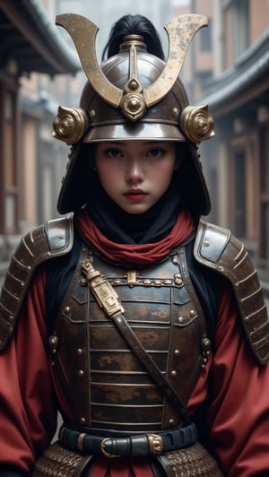 physically-based rendering, portrait, ultra-fine painting, extreme detail description, Akira Kurosawa's movie-style poster features a full-body shot of a super cute 18-year-old European-Japanese girl, embodying the Shinobi of Japan's Warring States Period, An enigmatic female kunoichi, clad in ninja armor , This striking depiction, seemingly bursting with unspoken power, illustrates a fierce and formidable female warrior in the midst of battle. The image, likely a detailed painting, showcases the intensity of the female ninja's gaze and the intricate craftsmanship of his armor. Each intricately depicted detail mesmerizes the viewer, immersing them in the extraordinary skill and artistry captured in this remarkable 