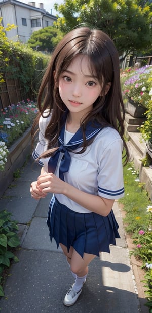 1 French-Japanese  girl, full body, small breasts, looking at viewer, blue eyes, brown hair, holding, standing, japanese serafuku uniform,white background,flower garden,blue and white school uniform,running, wind blown,portrait,AgoonGirl