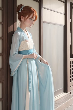 masterpiece, best quality, highres, 1girl, teen, ginger hair,buns, small breasts, pastel blue hanfu dress,pencil skirt,japanese girl, 