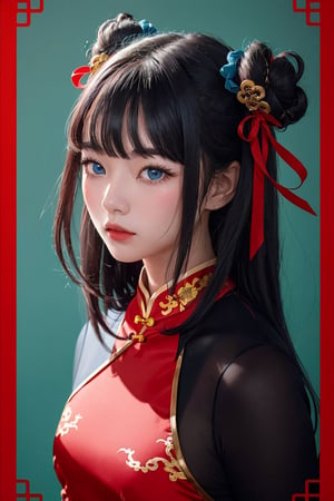 1girl,solo, long hair, red pastel cheongsam dress, looking at viewer, blue background, black hair, simple background, two side up, blue eyes, lips, closed mouth, red ribbon, hair ribbon, bangs, upper body, parted bangs, buns, nose, Cleavage, chinese new year, year of the dragon