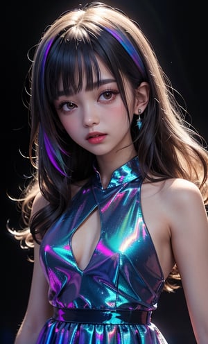 (masterpiece),(best quality), 

1girl, solo, long hair, looking at viewer, closed mouth, upper body, white hair, blunt bangs, lips, portrait, 

hologram skirt,portrait,(dress hologram:1.2), bioluminescent liquid