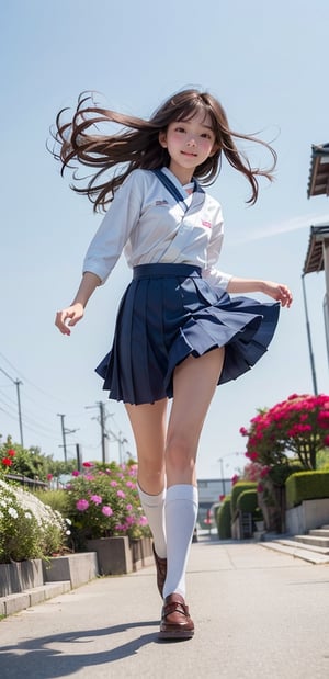 1 French-Japanese  girl, full body, small breasts, looking at viewer, blue eyes, brown hair, holding, standing, japanese serafuku uniform,white background,flower garden,blue and white school uniform,running, wind blown,portrait,AgoonGirl