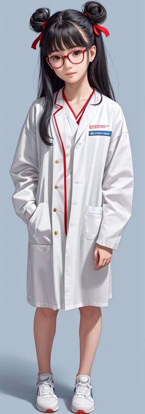 1girl,solo, full body, long hair, glasses, ((white lab gown)), looking at viewer, blue background, black hair, standing, simple background, two side up, blue eyes, lips, closed mouth, red ribbon, hair ribbon, bangs, sneakers, parted bangs, buns, nose, Haerin_NJ