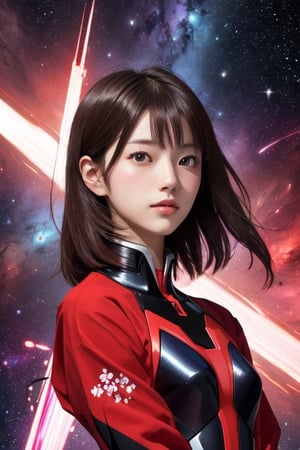 portrait of a beautiful japanese-german girl,bizarre,floral,Luminous,ethereal space background, red neon genesis evangelion outfit, ,weapon
