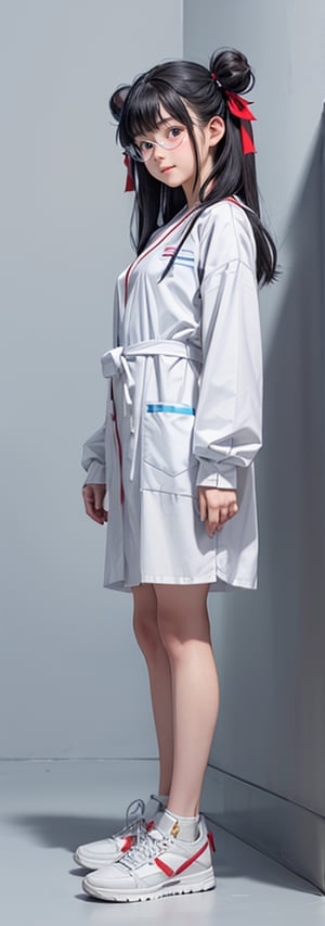 1girl,solo, full body, long hair, glasses, ((white lab gown)), looking at viewer, blue background, black hair, standing, simple background, two side up, blue eyes, lips, closed mouth, red ribbon, hair ribbon, bangs, sneakers, parted bangs, buns, nose, Haerin_NJ