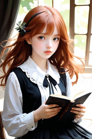 A delicate illustration of a stunning goth girl, reminiscent of Studio Ghibli's whimsical style. The subject, a beautiful teenager with ginger hair, sits amidst rustic surroundings, illuminated by natural light. She wears a plain white shirt with collar and a flowing black pleated skirt, holding books close to her chest. Her blush-pink cheeks and soft, bouncy skin invite tender touch. Embarrassment and exhaustion radiate from her tired eyes, yet her innocent charm is undeniable. The sketchbook-style illustration features bold dark lines, loose strokes, and subtle texture on watercolor paper, as if executed by a master artist like Alphonse Mucha or William-Adolphe Bouguereau.