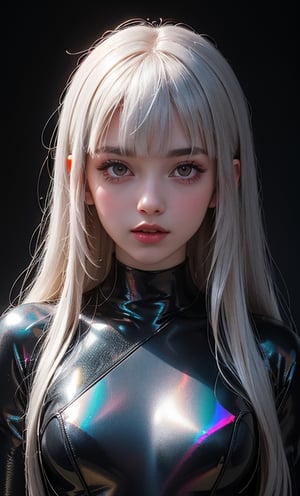 (masterpiece),(best quality), 

1girl, solo, long hair, looking at viewer, closed mouth, upper body, white hair, blunt bangs, lips, portrait, 

hologram bodysuit,portrait,(dress hologram:1.2), bioluminescent liquid,retroartstyle