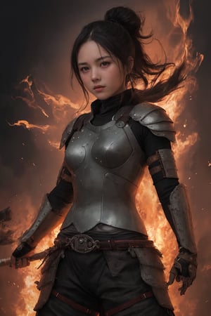 physically-based rendering, portrait, ultra-fine painting, extreme detail description, Akira Kurosawa's movie-style poster features a full-body shot of a 18-year-old European-Japanese girl, embodying the Shinobi of Japan's Warring States Period, An enigmatic female kunoichi, clad in ninja armor , This striking depiction, seemingly bursting with unspoken power, illustrates a fierce and formidable female warrior in the midst of battle. The image, likely a detailed painting, showcases the intensity of the female ninja's gaze and the intricate craftsmanship of his armor. Each intricately depicted detail mesmerizes the viewer, immersing them in the extraordinary skill and artistry captured in this remarkable 