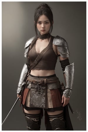 physically-based rendering, portrait, ultra-fine painting, extreme detail description, Akira Kurosawa's movie-style poster features a full-body shot of a 18-year-old European-Japanese girl, embodying the Shinobi of Japan's Warring States Period, An enigmatic female kunoichi, clad in ninja armor , This striking depiction, seemingly bursting with unspoken power, illustrates a fierce and formidable female warrior in the midst of battle. The image, likely a detailed painting, showcases the intensity of the female ninja's gaze and the intricate craftsmanship of his armor. Each intricately depicted detail mesmerizes the viewer, immersing them in the extraordinary skill and artistry captured in this remarkable 