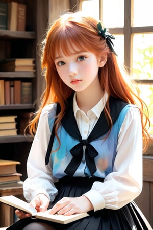 A delicate illustration of a stunning goth girl, reminiscent of Studio Ghibli's whimsical style. The subject, a beautiful teenager with ginger hair, sits amidst rustic surroundings, illuminated by natural light. She wears a plain white shirt with collar and a flowing black pleated skirt, holding books close to her chest. Her blush-pink cheeks and soft, bouncy skin invite tender touch. Embarrassment and exhaustion radiate from her tired eyes, yet her innocent charm is undeniable. The sketchbook-style illustration features bold dark lines, loose strokes, and subtle texture on watercolor paper, as if executed by a master artist like Alphonse Mucha or William-Adolphe Bouguereau.