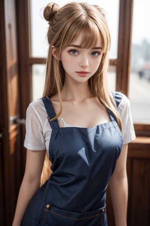 masterpiece, best quality, photorealistic, raw photo, cowboy shot, 1girl, 18 years old, bangs, buns, blond hair, blue sexy apron, see-through, trendy detailed cloth, medium breasts, detailed skin, pore, low key, natural lighting on one's face, hf_Alexandra_Nagy-20,z1l4