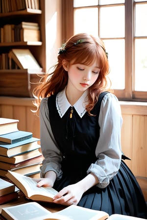 A delicate illustration of a stunning goth girl, reminiscent of Studio Ghibli's whimsical style. The subject, a beautiful teenager with ginger hair, sits amidst rustic surroundings, illuminated by natural light. She wears a plain white shirt with collar and a flowing black pleated skirt, holding books close to her chest. Her blush-pink cheeks and soft, bouncy skin invite tender touch. Embarrassment and exhaustion radiate from her tired eyes, yet her innocent charm is undeniable. The sketchbook-style illustration features bold dark lines, loose strokes, and subtle texture on watercolor paper, as if executed by a master artist like Alphonse Mucha or William-Adolphe Bouguereau.