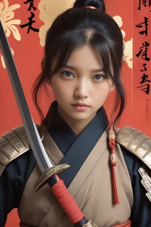 physically-based rendering, portrait, ultra-fine painting, extreme detail description, Akira Kurosawa's movie-style poster features a full-body shot of a 18-year-old European-Japanese girl, embodying the Shinobi of Japan's Warring States Period, An enigmatic female kunoichi, clad in ninja armor , This striking depiction, seemingly bursting with unspoken power, illustrates a fierce and formidable female warrior in the midst of battle. The image, likely a detailed painting, showcases the intensity of the female ninja's gaze and the intricate craftsmanship of his armor. Each intricately depicted detail mesmerizes the viewer, immersing them in the extraordinary skill and artistry captured in this remarkable,Ancient costume