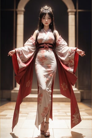 physically-based rendering, portrait, ultra-fine painting, extreme detail description, Akira Kurosawa's movie-style poster features a full-body shot of a super cute 18-year-old European-Japanese girl, embodying the princess of Japan's Warring States Period, An enigmatic female hime, dressed in elegant luxurious kimono, This striking beauty, seemingly bursting with unspoken elegance, illustrates an inccocent and tender female character. The image, likely a detailed painting, showcases the intensity of the princess gaze and the intricate craftsmanship of her kimono. Each intricately depicted detail mesmerizes the viewer, immersing them in the extraordinary skill and artistry captured in this remarkable 