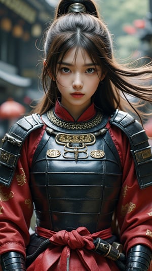 physically-based rendering, portrait, ultra-fine painting, extreme detail description, Akira Kurosawa's movie-style poster features a full-body shot of a super cute 18-year-old European-Japanese girl, embodying the Shinobi of Japan's Warring States Period, An enigmatic female kunoichi, clad in ninja armor , This striking depiction, seemingly bursting with unspoken power, illustrates a fierce and formidable female warrior in the midst of battle. The image, likely a detailed painting, showcases the intensity of the female ninja's gaze and the intricate craftsmanship of his armor. Each intricately depicted detail mesmerizes the viewer, immersing them in the extraordinary skill and artistry captured in this remarkable 