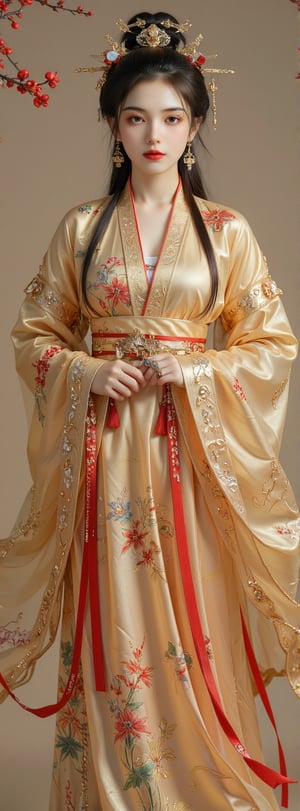 Score_9, score_8_up, score_7_up, score_6_up, A solemn-looking ancient oriental young woman with long flowing hair, perfect figure and perfect legs, wearing golden Hanfu, holding a red flute in both hands, facing the viewer,