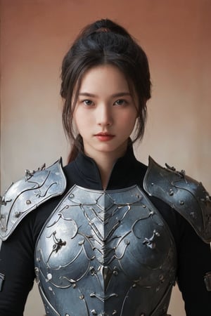 physically-based rendering, portrait, ultra-fine painting, extreme detail description, Akira Kurosawa's movie-style poster features a full-body shot of a 18-year-old European-Japanese girl, embodying the Shinobi of Japan's Warring States Period, An enigmatic female kunoichi, clad in ninja armor , This striking depiction, seemingly bursting with unspoken power, illustrates a fierce and formidable female warrior in the midst of battle. The image, likely a detailed painting, showcases the intensity of the female ninja's gaze and the intricate craftsmanship of his armor. Each intricately depicted detail mesmerizes the viewer, immersing them in the extraordinary skill and artistry captured in this remarkable 