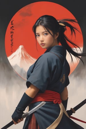 physically-based rendering, portrait, ultra-fine painting, extreme detail description, Akira Kurosawa's movie-style poster features a full-body shot of a 18-year-old European-Japanese girl, embodying the Shinobi of Japan's Warring States Period, An enigmatic female kunoichi, clad in ninja armor , This striking depiction, seemingly bursting with unspoken power, illustrates a fierce and formidable female warrior in the midst of battle. The image, likely a detailed painting, showcases the intensity of the female ninja's gaze and the intricate craftsmanship of his armor. Each intricately depicted detail mesmerizes the viewer, immersing them in the extraordinary skill and artistry captured in this remarkable,Ancient costume