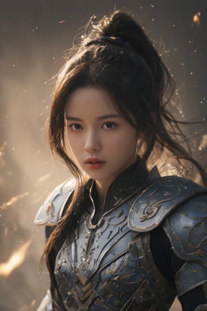 physically-based rendering, portrait, ultra-fine painting, extreme detail description, Akira Kurosawa's movie-style poster features a full-body shot of a 18-year-old European-Japanese girl, embodying the Shinobi of Japan's Warring States Period, An enigmatic female kunoichi, clad in ninja armor , This striking depiction, seemingly bursting with unspoken power, illustrates a fierce and formidable female warrior in the midst of battle. The image, likely a detailed painting, showcases the intensity of the female ninja's gaze and the intricate craftsmanship of his armor. Each intricately depicted detail mesmerizes the viewer, immersing them in the extraordinary skill and artistry captured in this remarkable 