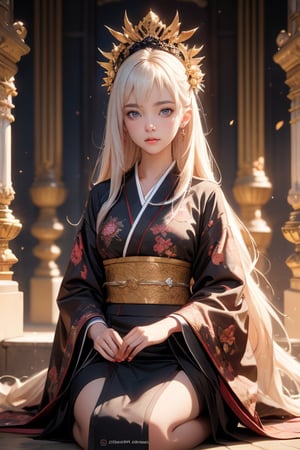 physically-based rendering, portrait, ultra-fine painting, extreme detail description, Akira Kurosawa's movie-style poster features a full-body shot of a super cute 18-year-old European-Japanese girl, embodying the princess of Japan's Warring States Period, An enigmatic female hime, dressed in elegant luxurious kimono, This striking beauty, seemingly bursting with unspoken elegance, illustrates an inccocent and tender female character. The image, likely a detailed painting, showcases the intensity of the princess gaze and the intricate craftsmanship of her kimono. Each intricately depicted detail mesmerizes the viewer, immersing them in the extraordinary skill and artistry captured in this remarkable 